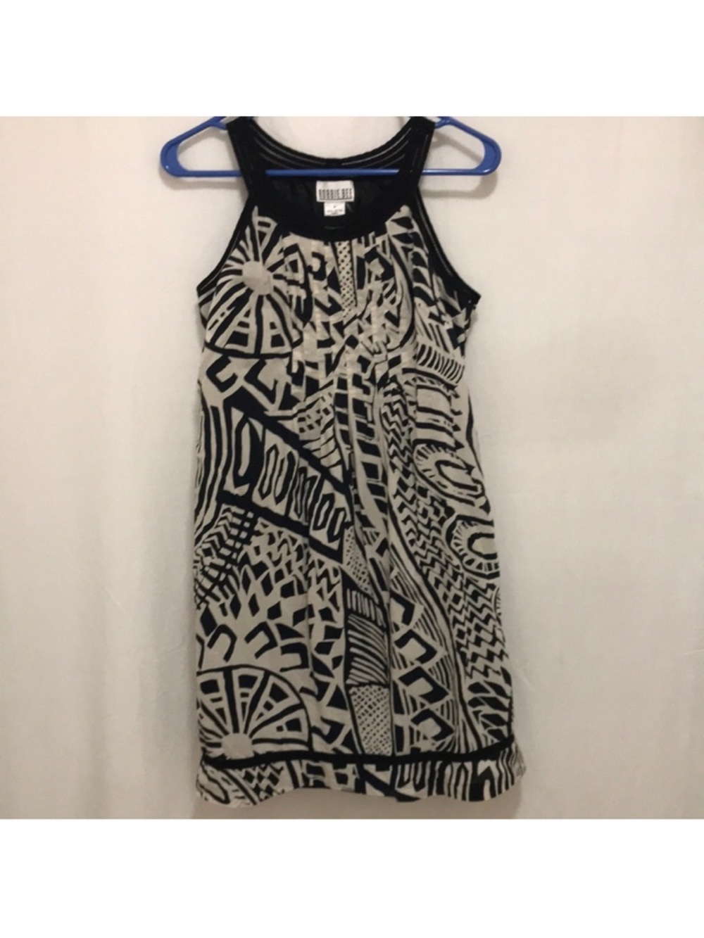 Robbie Bee Black and Cream Patterned Racerback Mini Dress Size 8